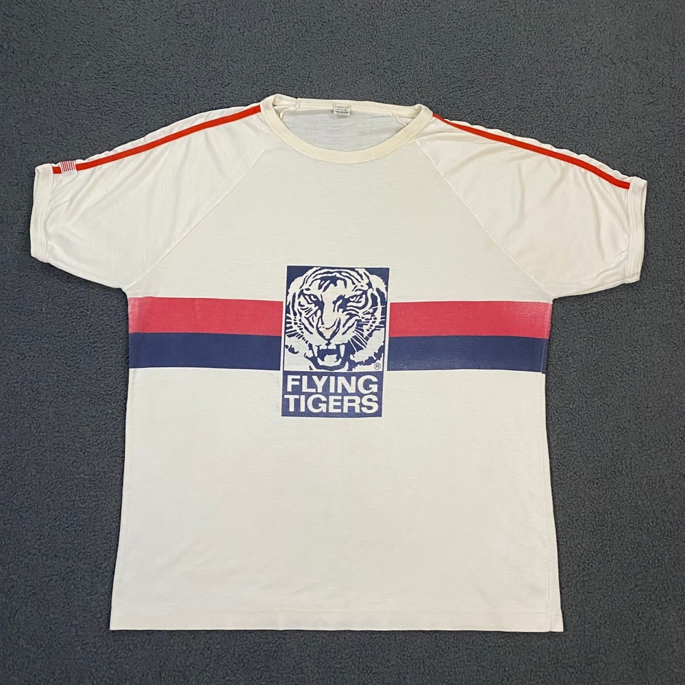 Vintage 70s 80s Flying Tiger T-Shirt Men XL White Stripe Graphic Tee Ringer Thin